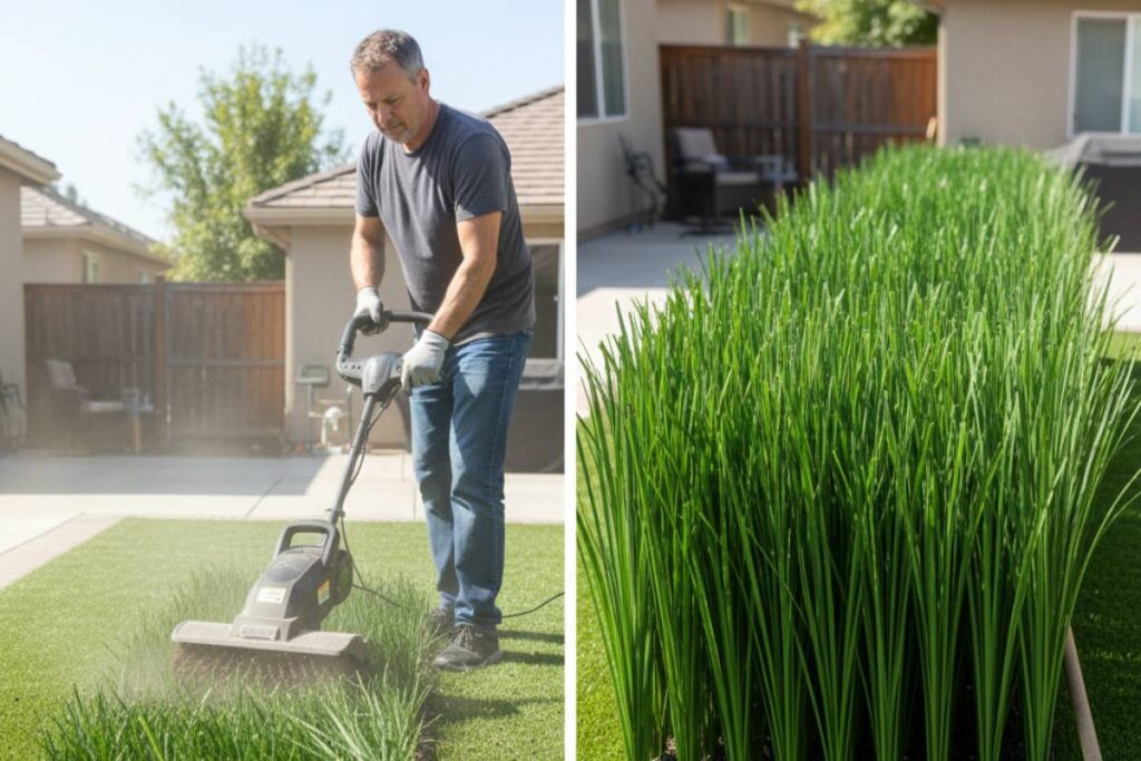 A homeowner using a power broom or stiff bristle broom on a section of flattened turf vs. a fluffy section.